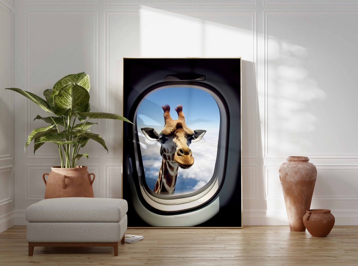 Giraffe Gazing Through an Airplane Window at Daytime Clouds Poster - Image 3