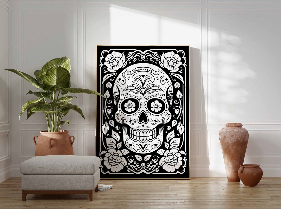 Black and White Sugar Skull Ornate Frame Roses Linocut Poster - Image 3