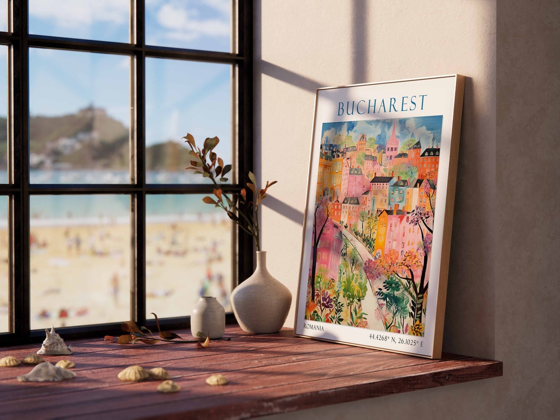 Bucharest Romania Travel Poster Pastel Cityscape Painting Art - Image 2