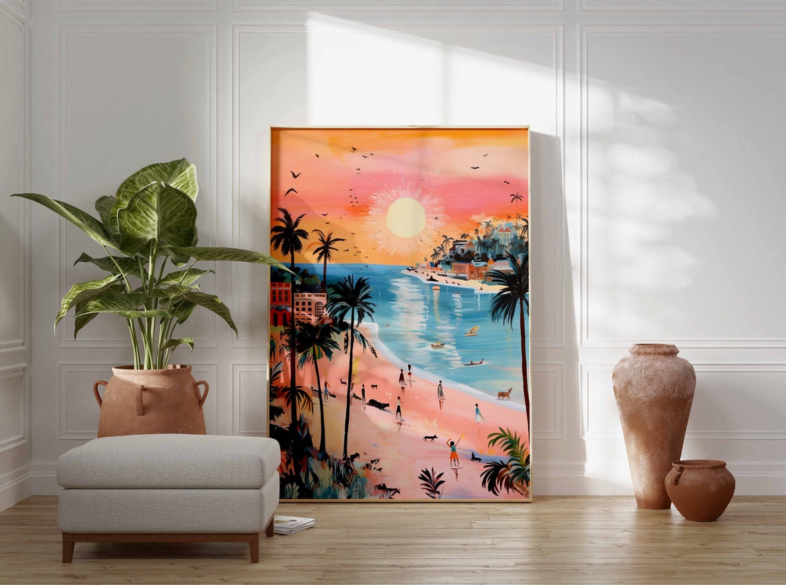 Sunset Bay Beach Silhouette Palm Dogs Golden Hour Scene Poster - Image 3