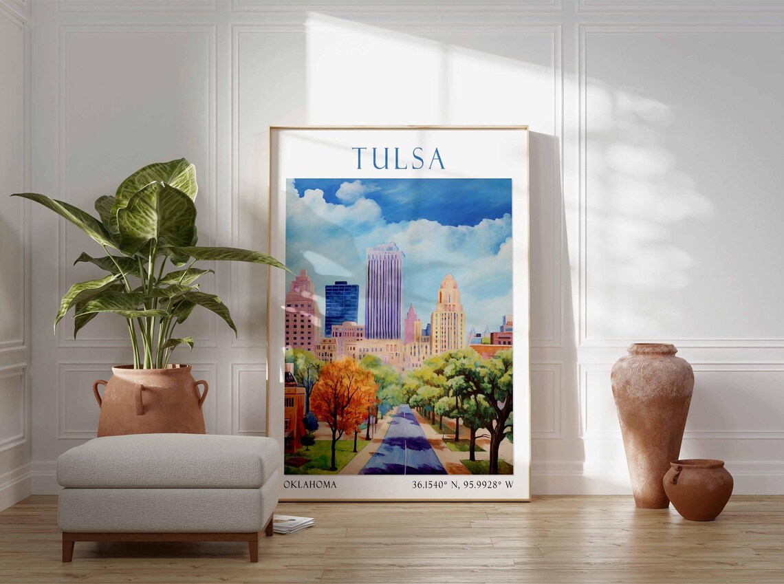 Tulsa Oklahoma Skyline Autumn Avenue Watercolor Travel Poster - Image 3