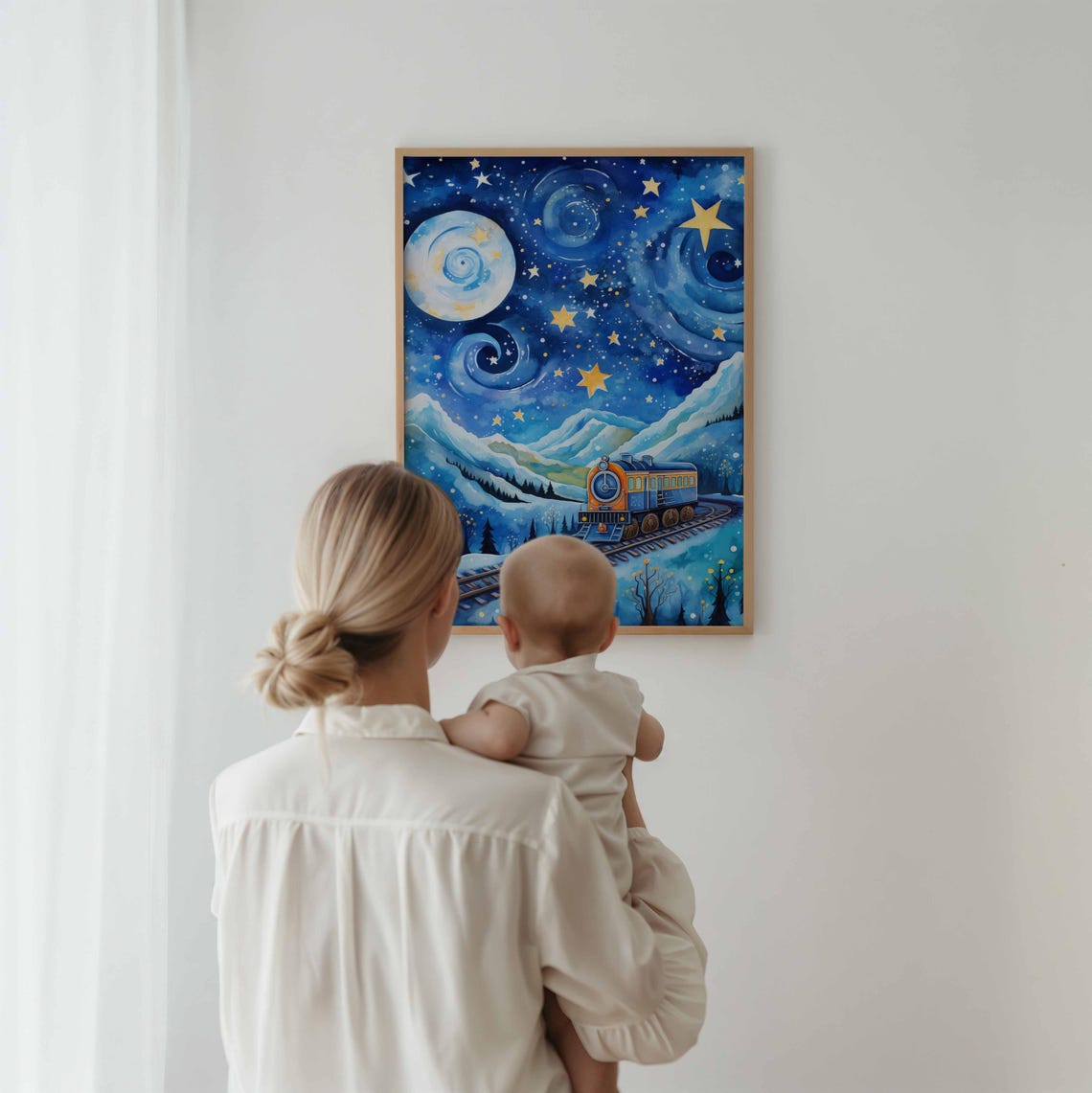 Winter Starry Night Train Snowy Mountains Swirling Sky Poster - Image 3