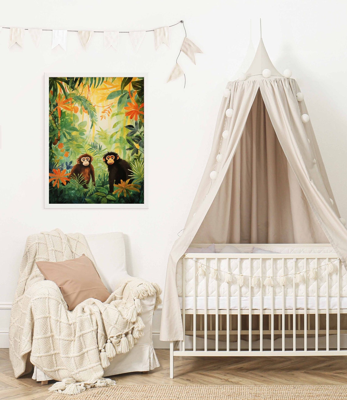 Two Cute Baby Monkeys in Lush Jungle Watercolor Poster for Kids - Image 2