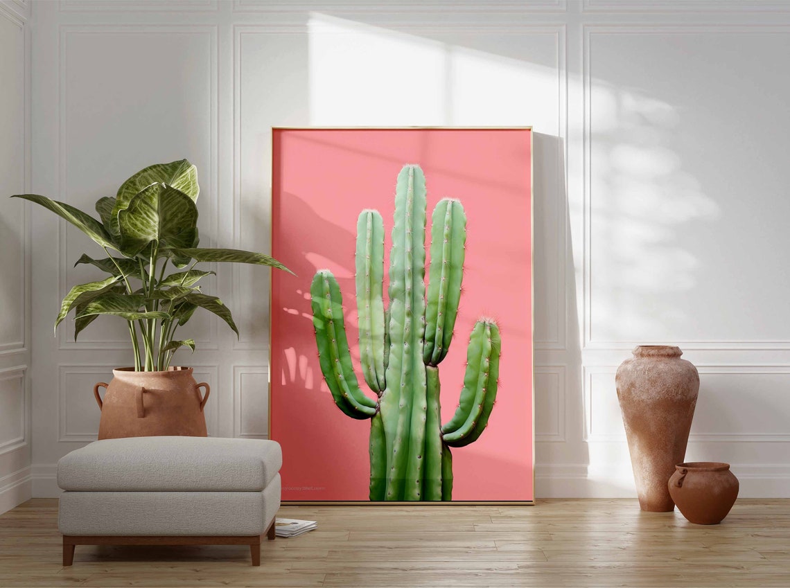Green Cactus Cluster Set Against a Blush Pink Background Poster - Image 3