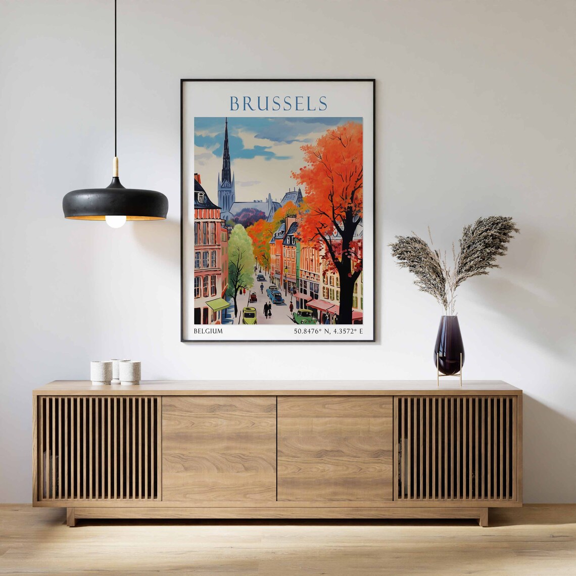 Brussels Belgium Travel Poster Autumn Street Vintage Scene Art - Image 3