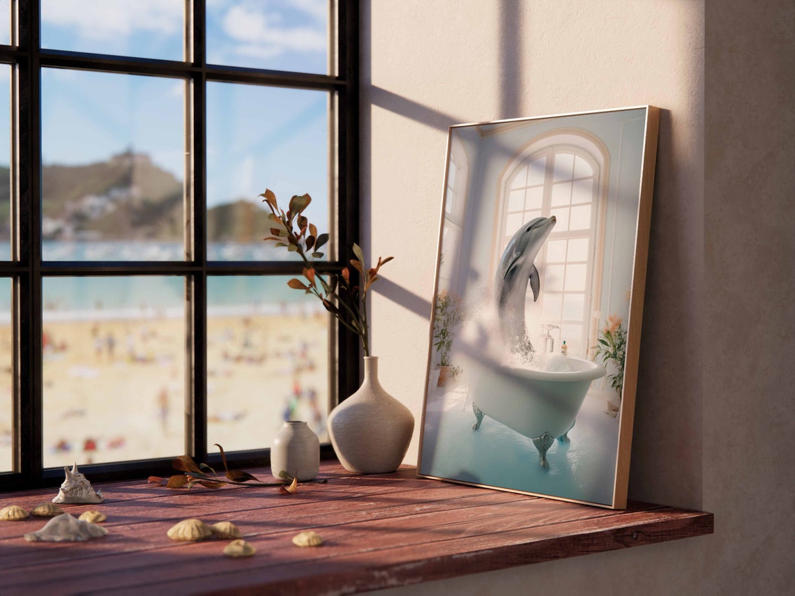 Dolphin Arching Out Of A Clawfoot Tub In A Blue Bathroom Poster - Image 2