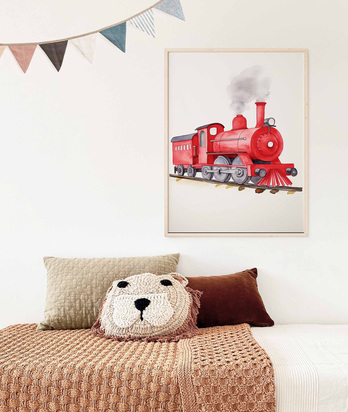Cheerful Red Steam Locomotive Watercolor Poster for Kids Room - Image 3