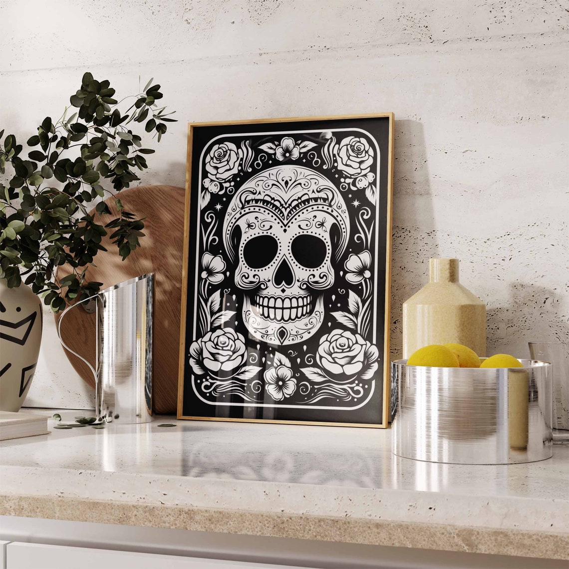 Black and White Sugar Skull Roses Decorative Border Wall Art - Image 2