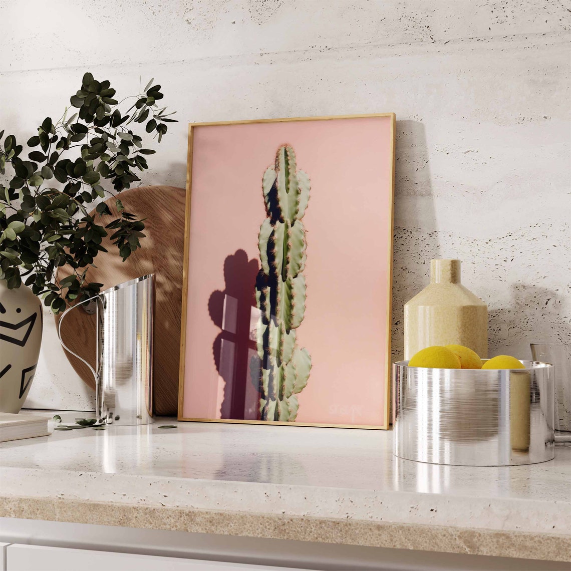 Solitary Tall Cactus Column with Bold Shadow on a Peach Poster - Image 2