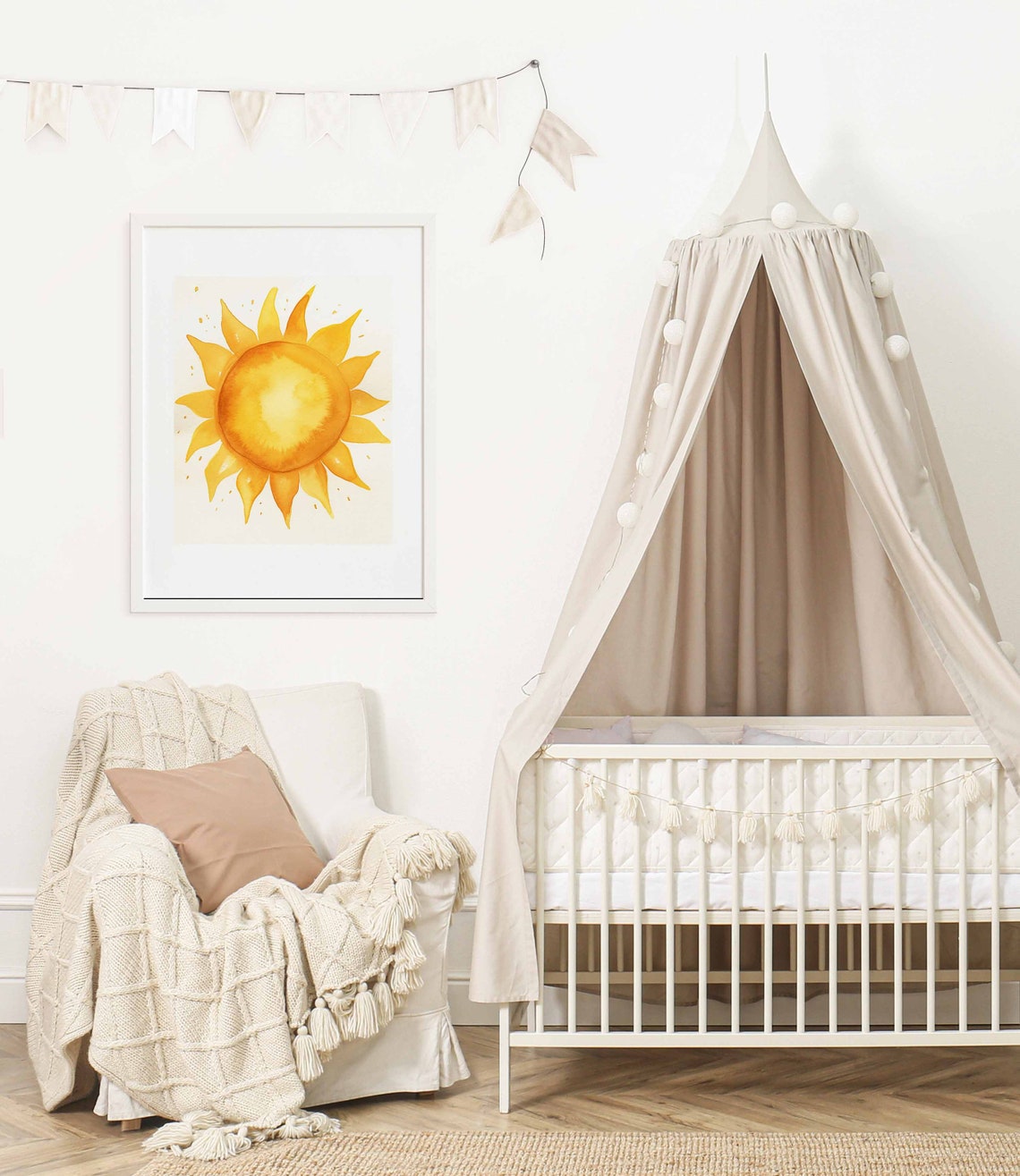 Cheerful Golden Yellow Sun Watercolor Poster for Nursery Decor - Image 2