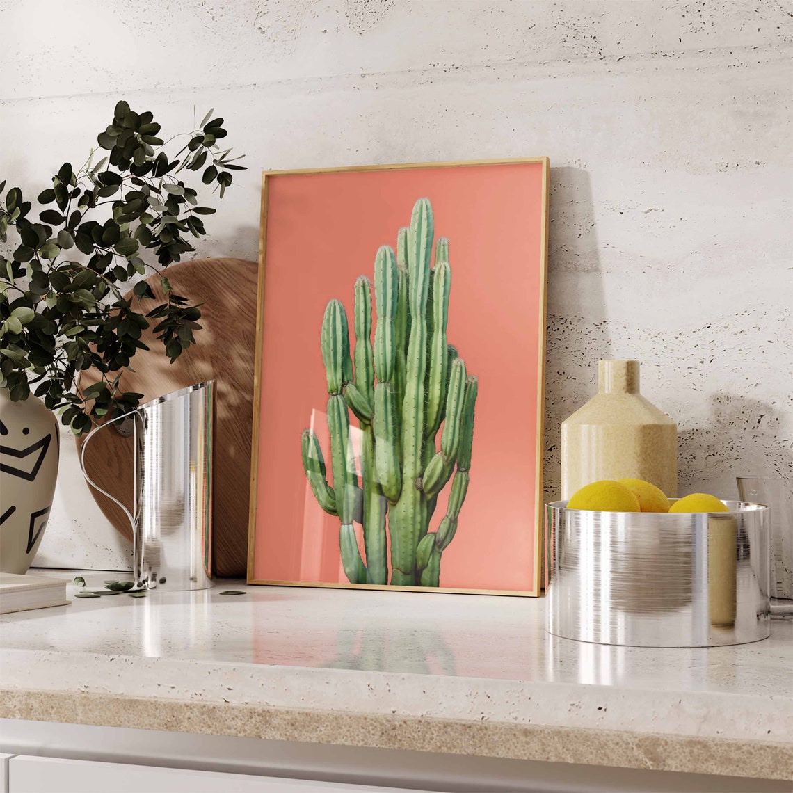 Tall Green Columnar Cacti on a Warm Coral Background Minimalist Poster - Image 2