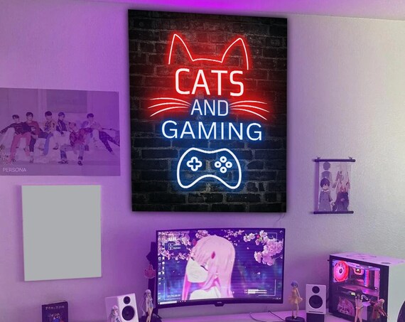 Cats and Gaming Neon Sign Art Poster Game Room Decor Cat Lovers