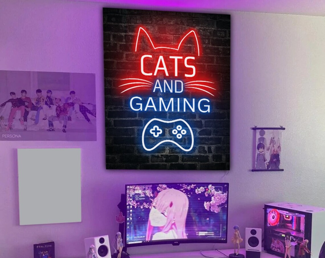 Cats and Gaming Neon Sign Art Poster Game Room Decor Cat Lovers