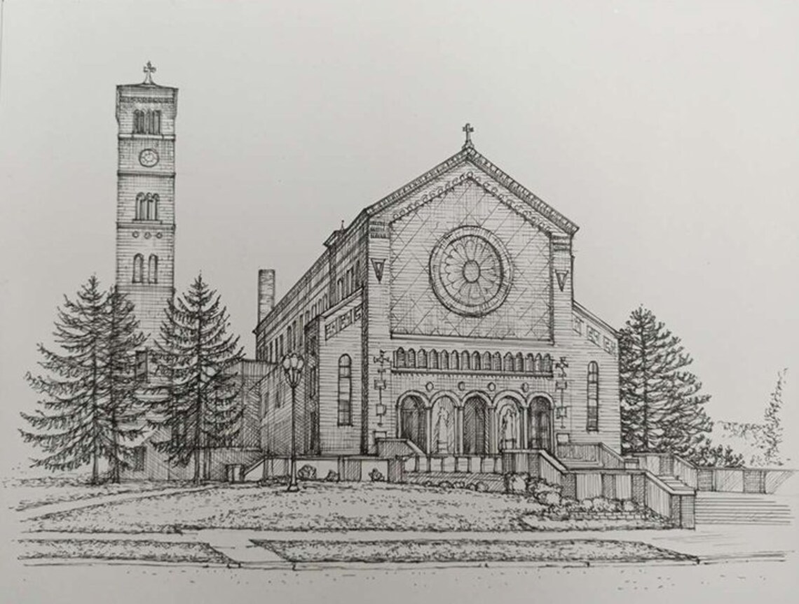Historic Church With Clock Tower Detailed Pencil Sketch Poster - Image 3