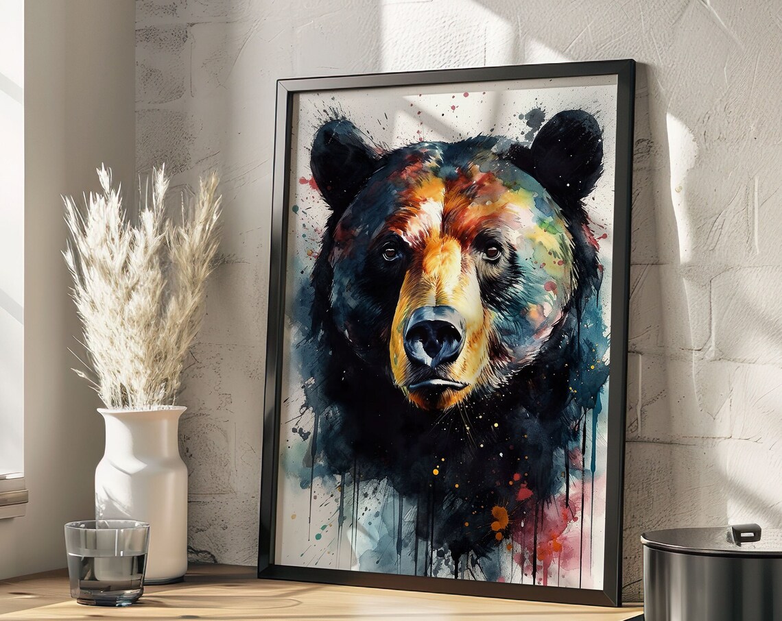 Black Bear Portrait Watercolor Splash Dark Wildlife Art Poster