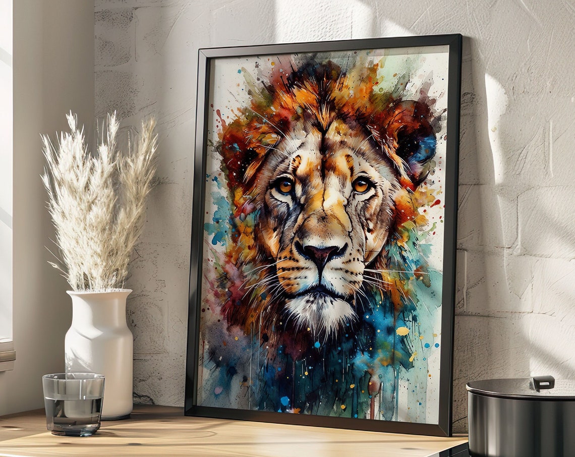 Lion Painting Wall Art Watercolor Poster Gift Watercolor Colorful Animal Painting Illustration Nature Wall Art Home Decor Print