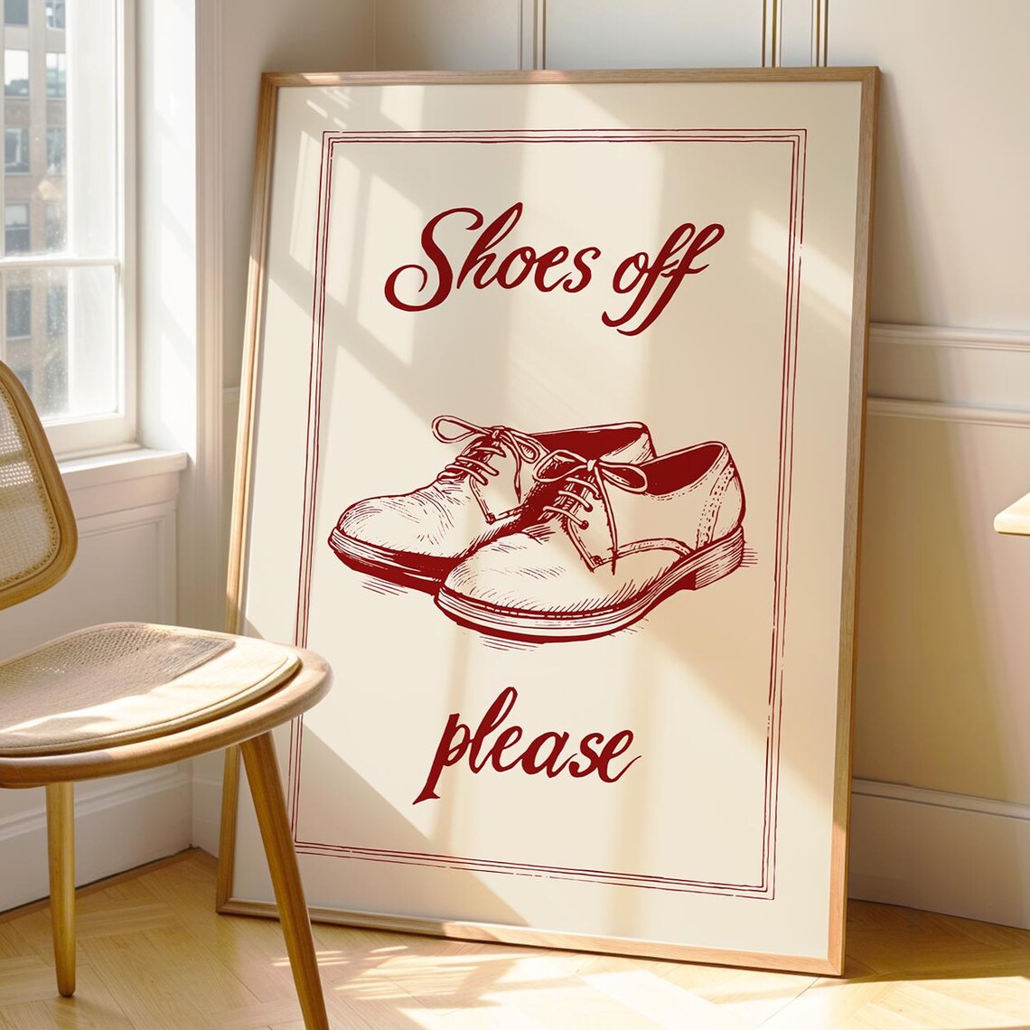 Shoes Off Please Red Typography With Dress Shoes Entryway Sign Wall Poster