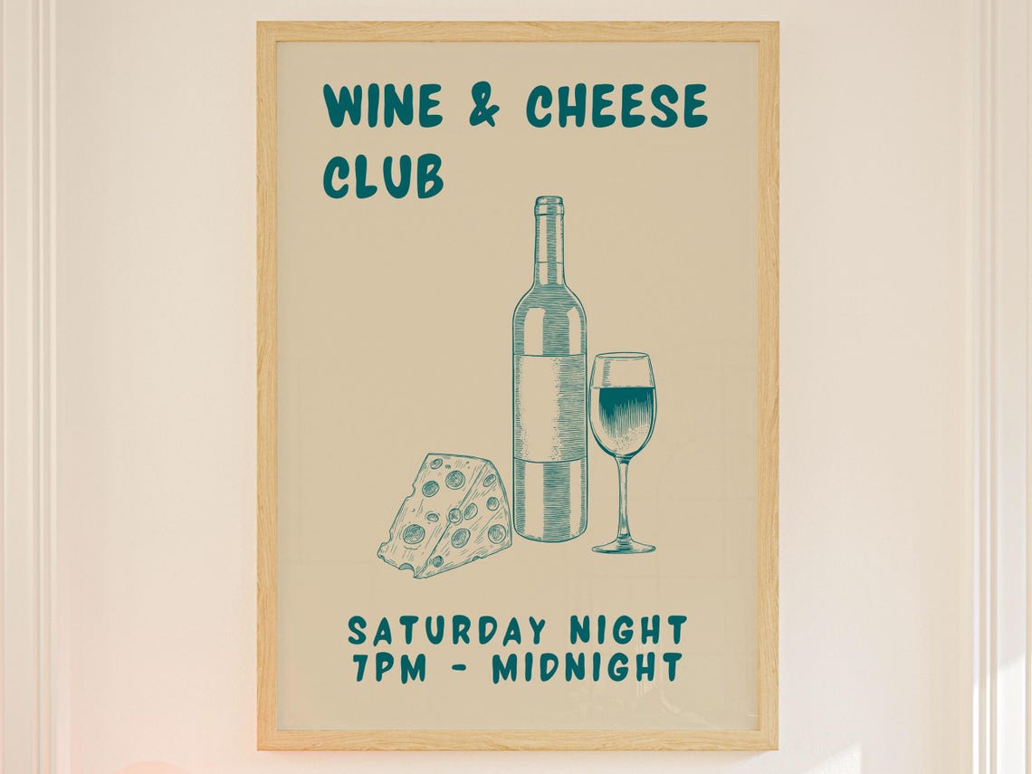 Vintage Wine And Cheese Club Retro Kitchen Bar Typography Poster