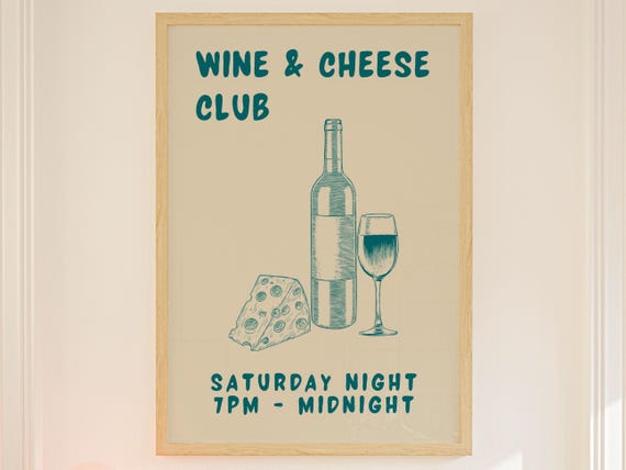Vintage Wine And Cheese Club Retro Kitchen Bar Typography Poster