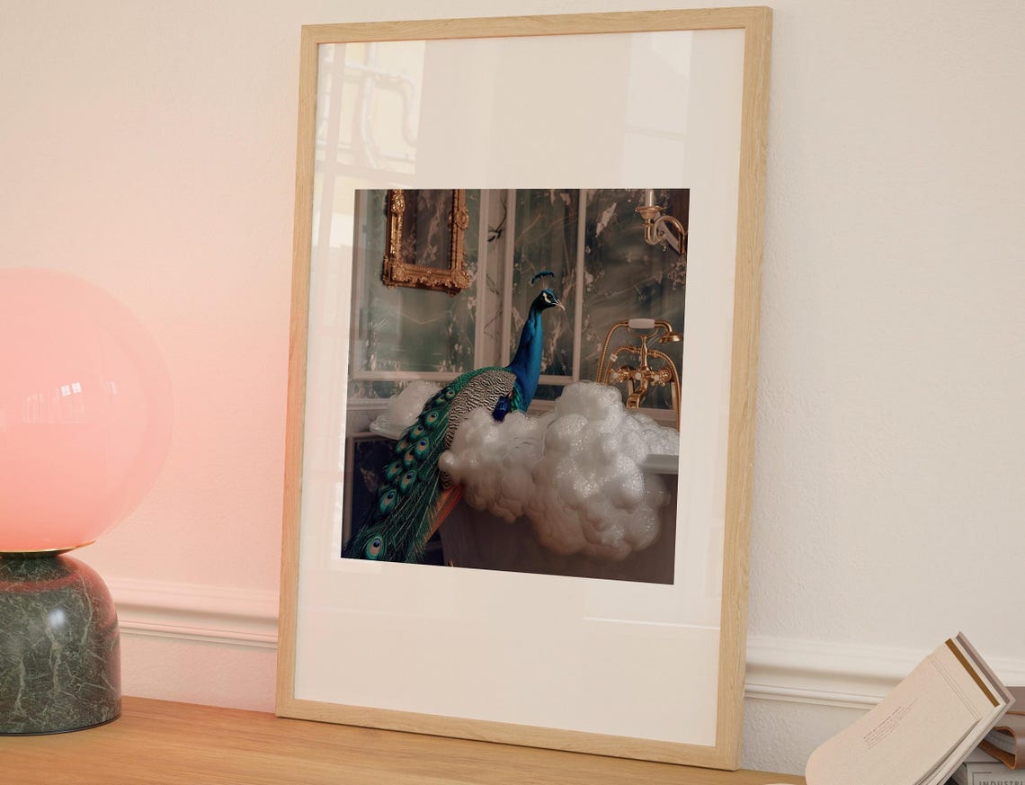 Peacock In Bubble Bath Luxury Bathroom Humor Photo Art Poster