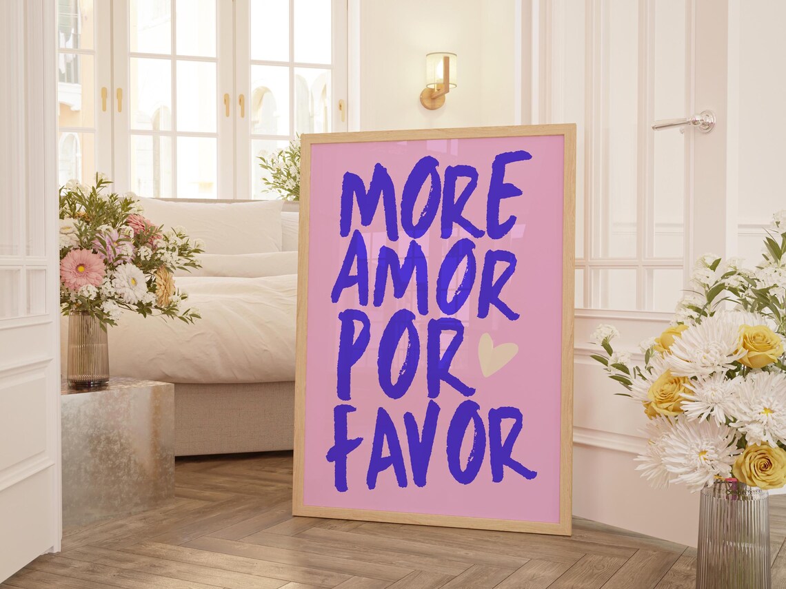 More Amor Por Favor Pink Brush Letter Love Quote Poster with Heart - Image 3