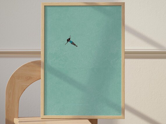 Lone Swimmer Teal Water Aerial Minimalist Abstract Art Poster