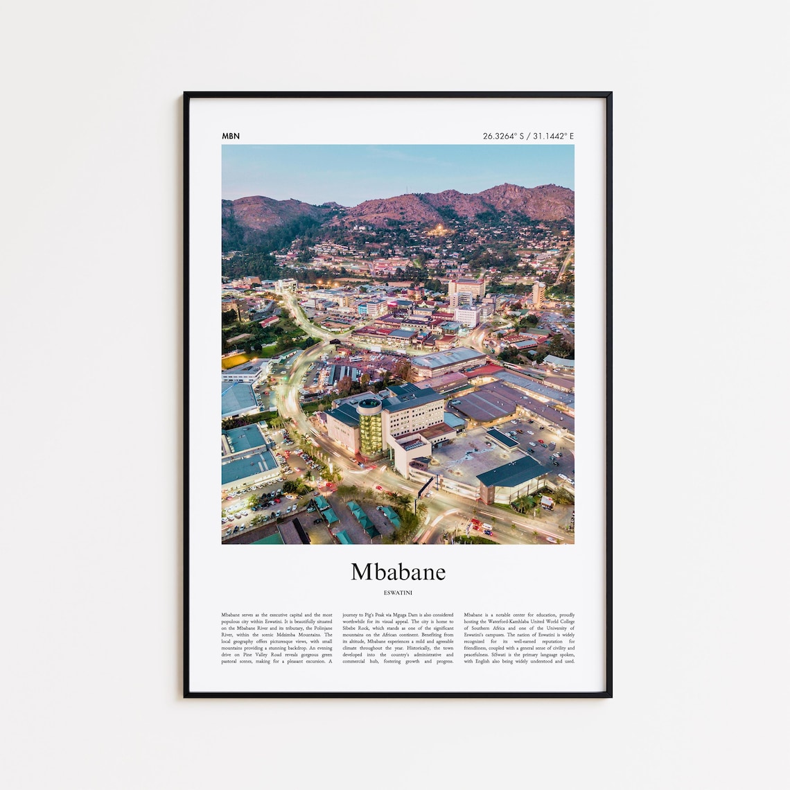 Mbabane Eswatini Aerial City View Mountain Town Travel Poster