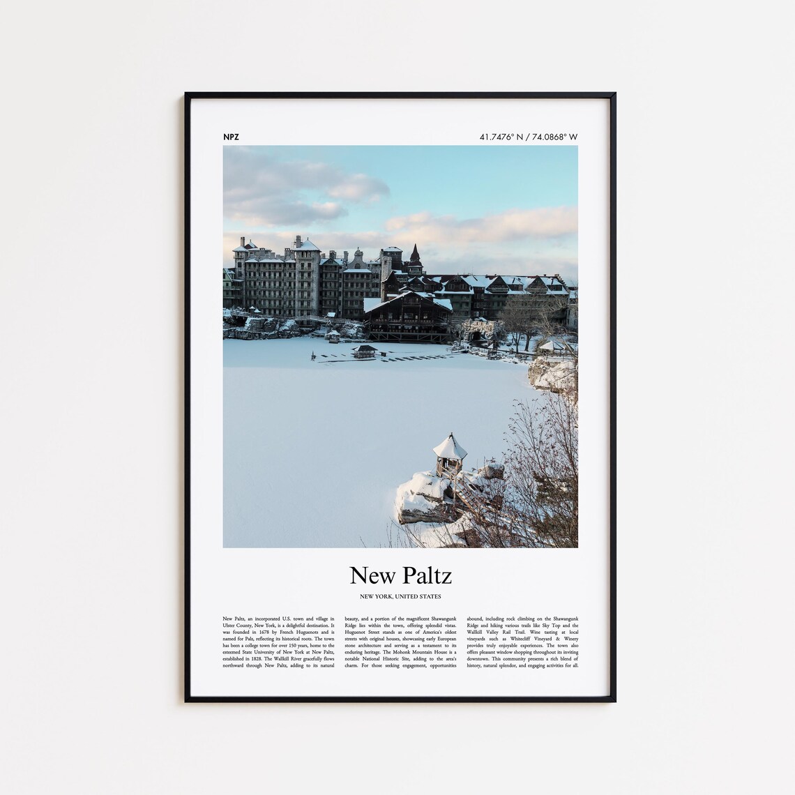 New Paltz New York Winter Snowy Lakeside Resort Travel Poster