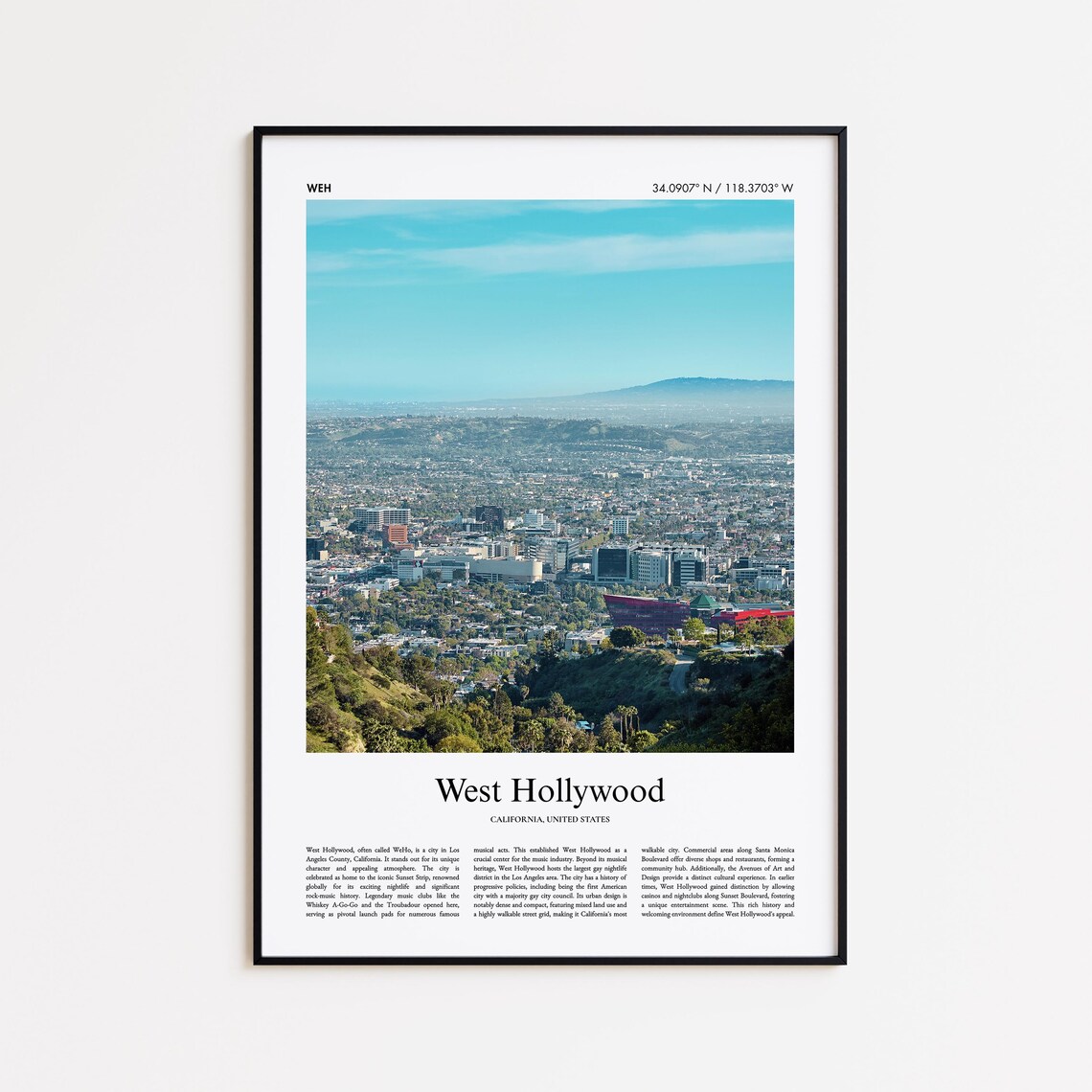 West Hollywood California City Panorama Minimal Photo Travel Poster