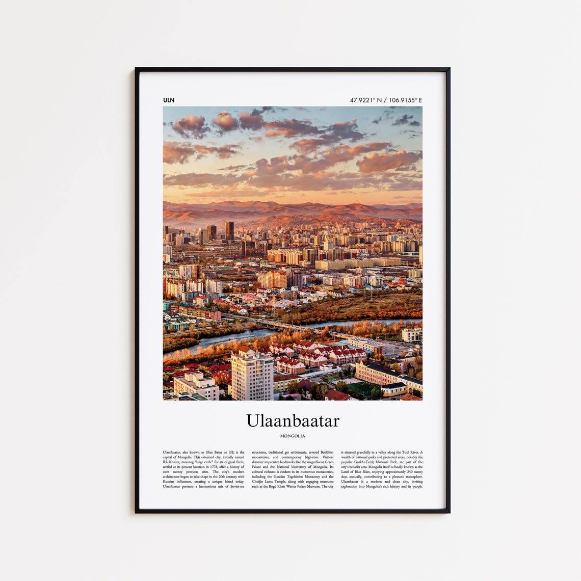 Ulaanbaatar Mongolia Sunset Cityscape Mountain View Travel Poster