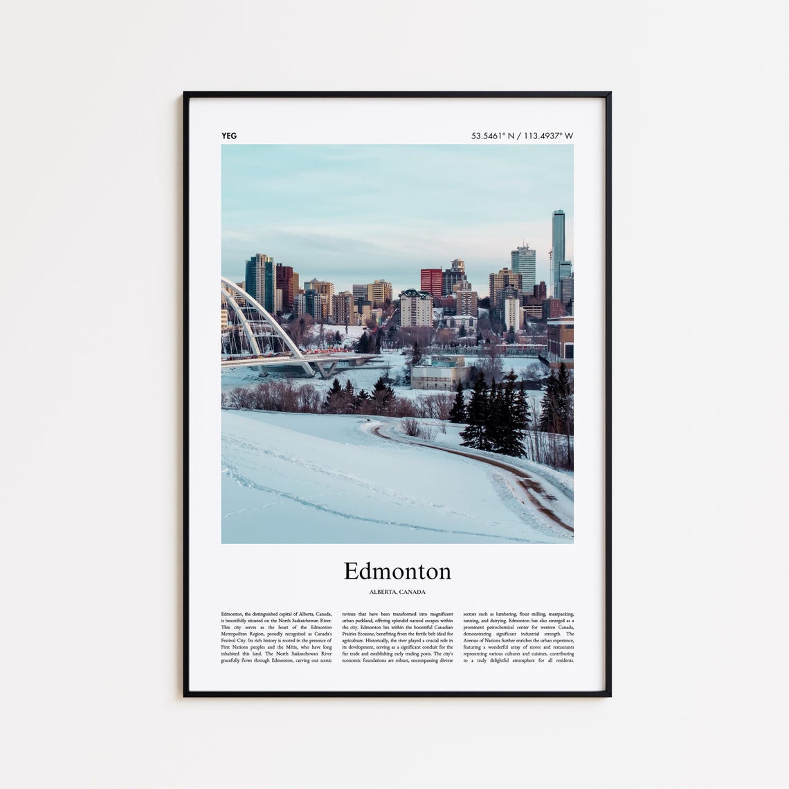 Edmonton Canada Snowy Skyline Bridge Winter Travel Photo Poster
