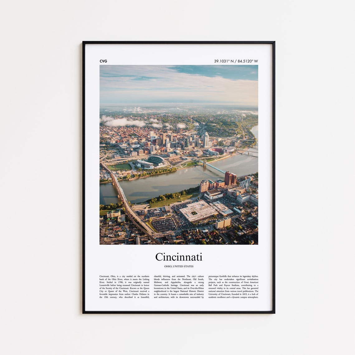 Cincinnati Ohio River Skyline Aerial Real Photo Travel Poster