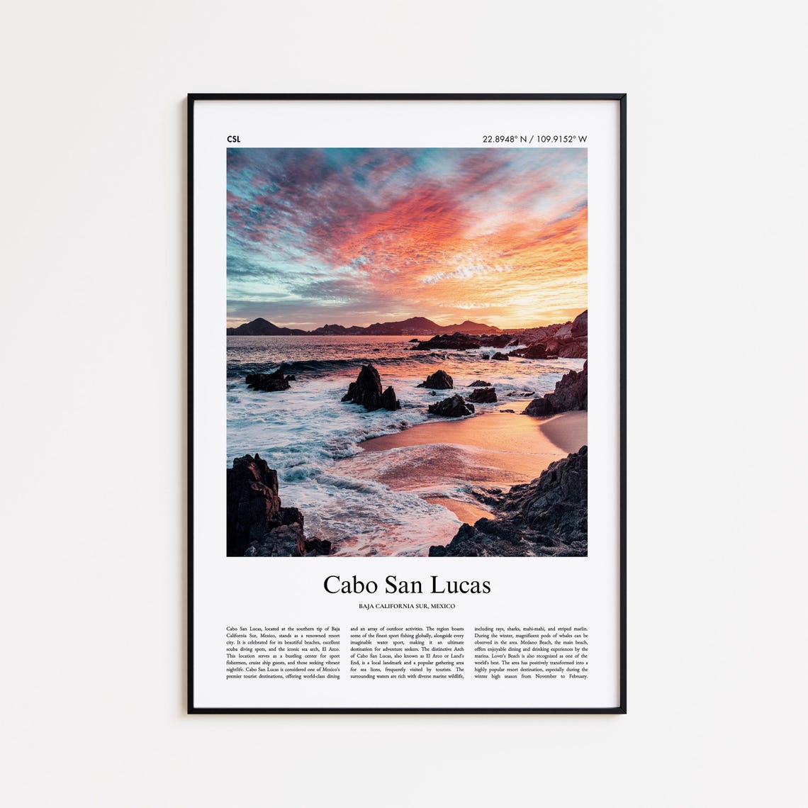 Cabo San Lucas Mexico Rocky Beach Sunset Ocean Waves Travel Poster