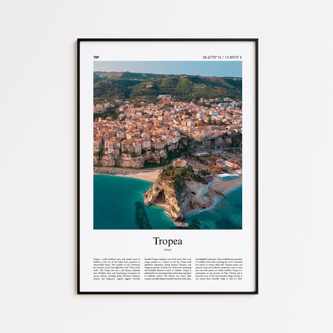 Tropea Italy Color Photo Clifftop Beach Travel Poster with Coordinates