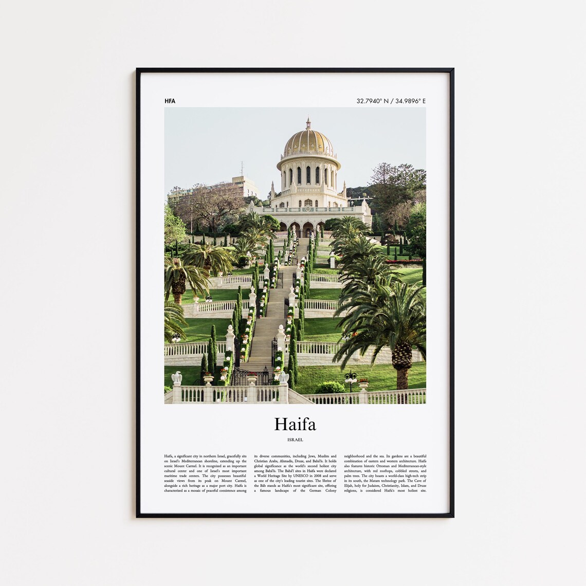 Haifa Israel Bahai Gardens Golden Dome View Color Travel Photo Poster