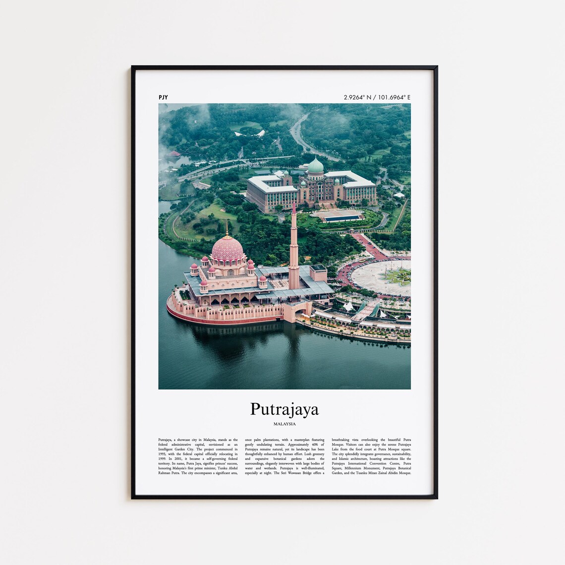 Putrajaya Malaysia Pink Mosque Lakeside Aerial Travel Photo Poster
