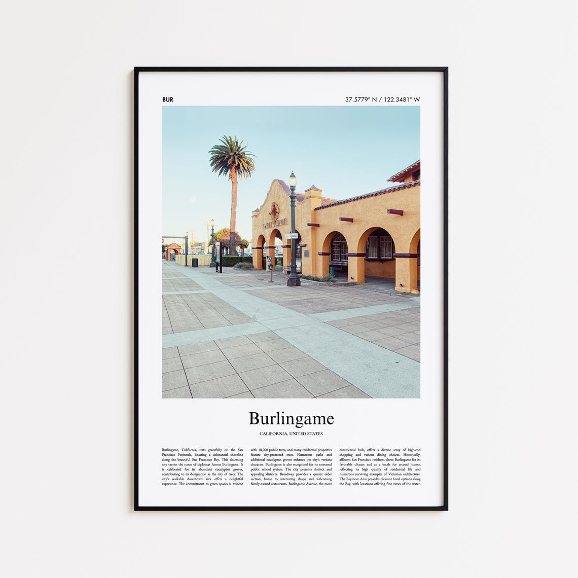 Burlingame California Historic Train Station Palm Photo Travel Poster