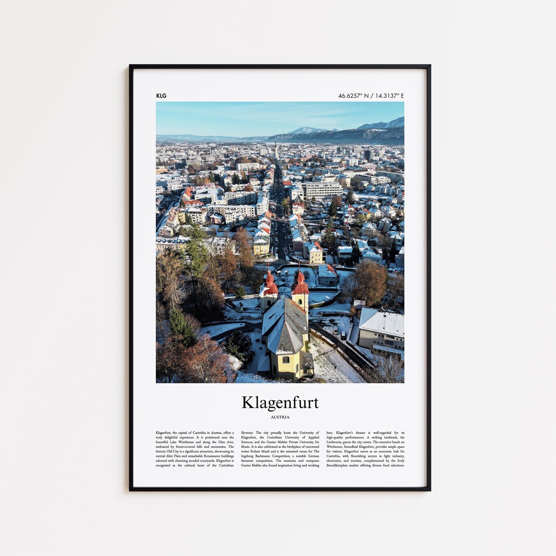 Klagenfurt Austria Snowy Winter Aerial Old Town View Minimalist Poster