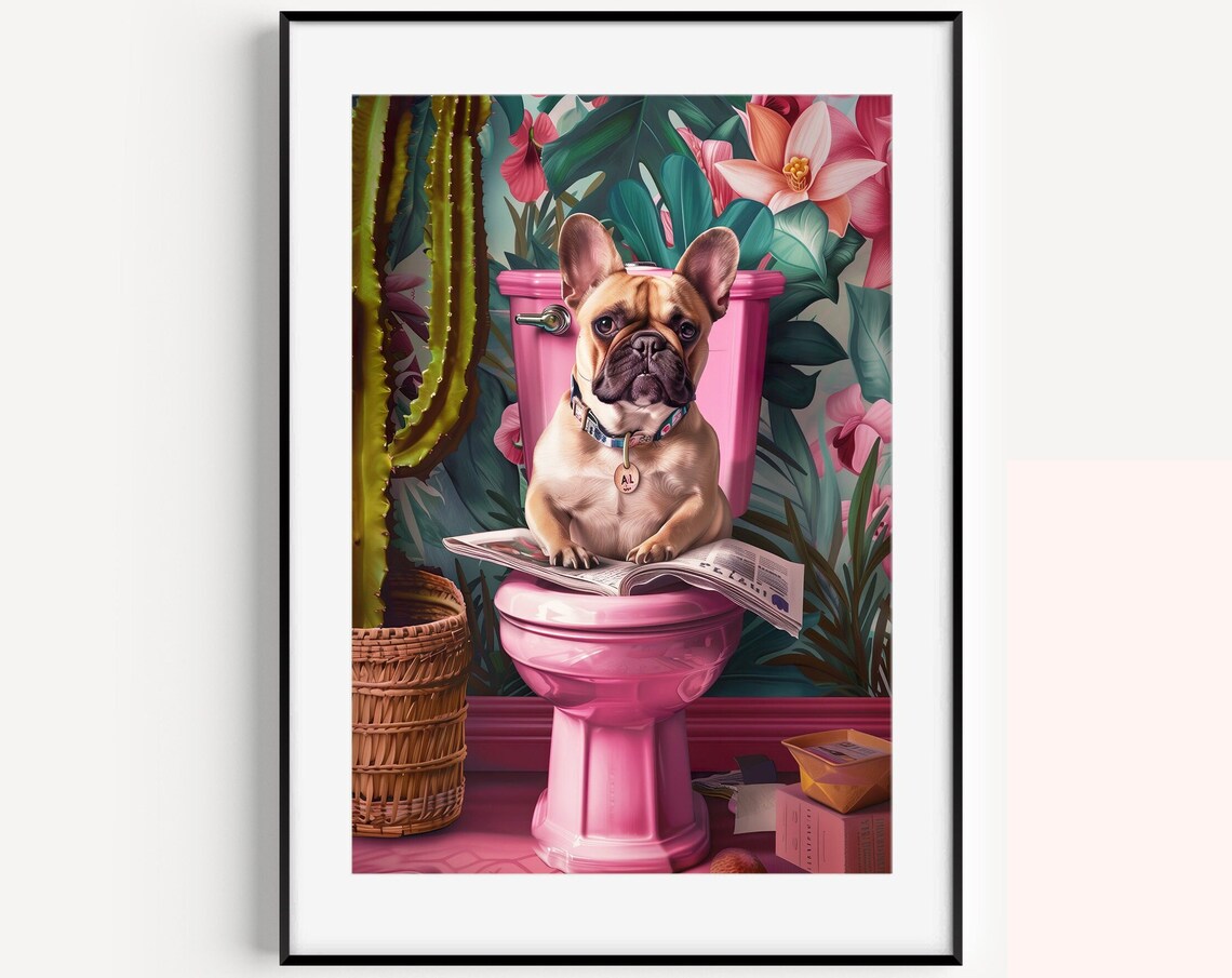 French Bulldog Puppy On Pink Toilet With Tropical Leaves Poster