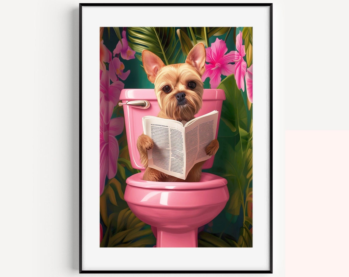Yorkshire Terrier Reading Book Pink Toilet Funny Dog Decor Poster