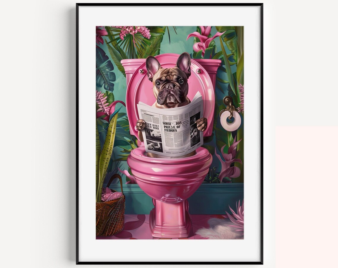 Cream French Bulldog Reading Newspaper On Pink Toilet Poster