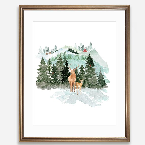 Winter Deer Buck And Doe Snowy Mountain Forest Watercolor Wildlife Poster