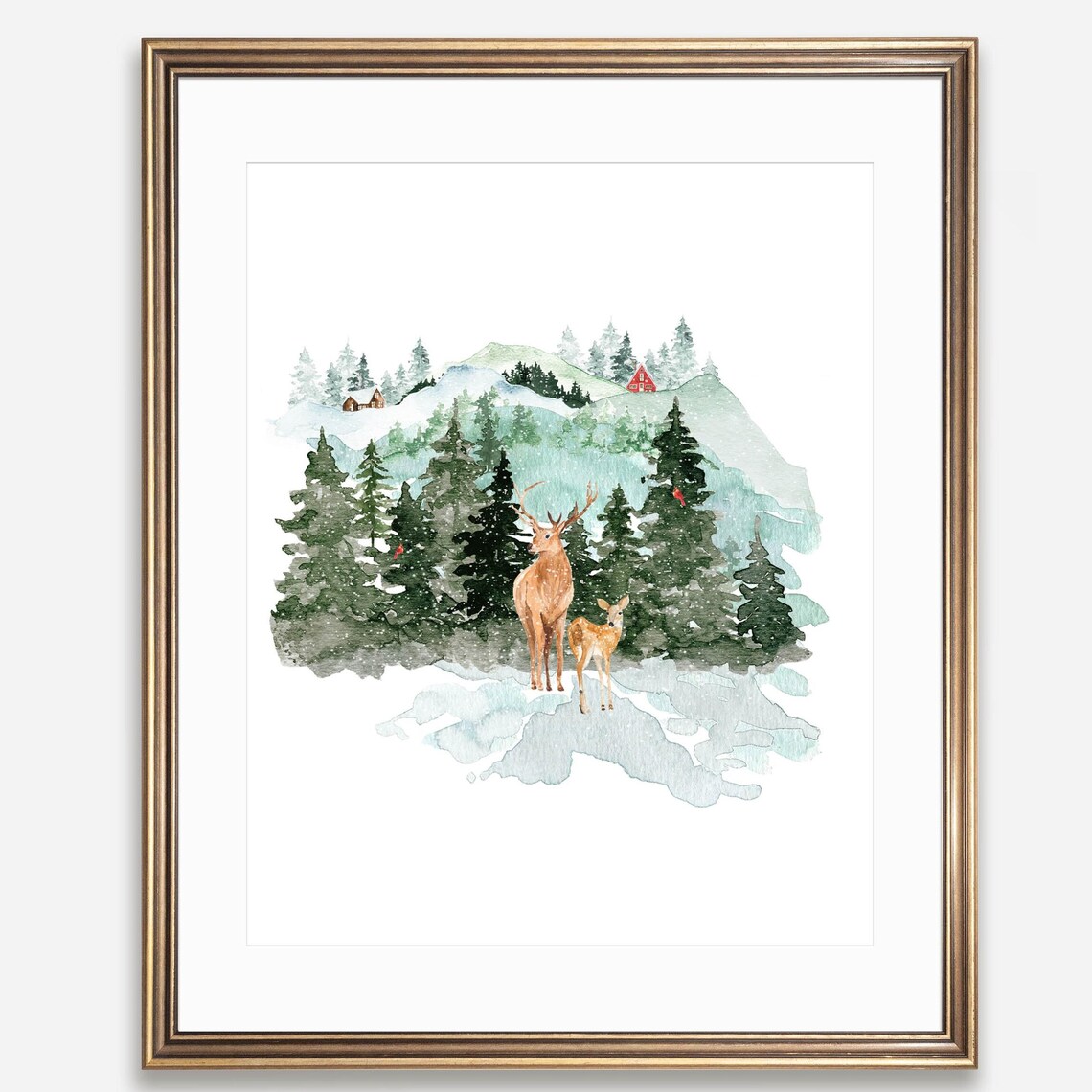 Winter Deer Buck And Doe Snowy Mountain Forest Watercolor Wildlife Poster