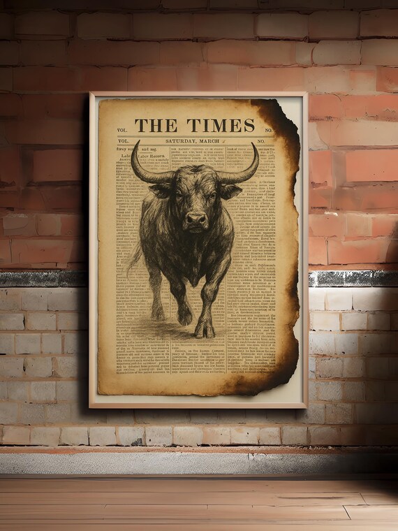 The Times Vintage Newspaper Longhorn Bull Engraving Western Art Poster