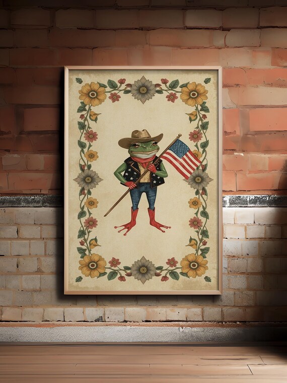 Cowboy Frog Holding American Flag Funny Vintage Floral Animal Art Poster