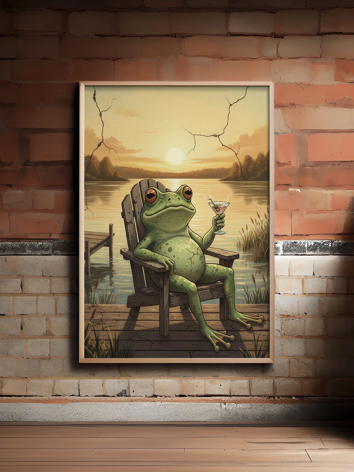 Funny Frog in Adirondack Chair Sipping Martini Sunset Poster
