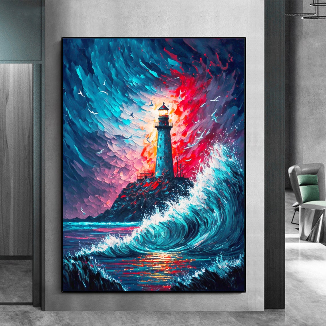 Original Lighthouse Oil Painting On Abstract Seascape Painting Large Wall Art Boho Decor Custom Painting Living Room Wall Decor