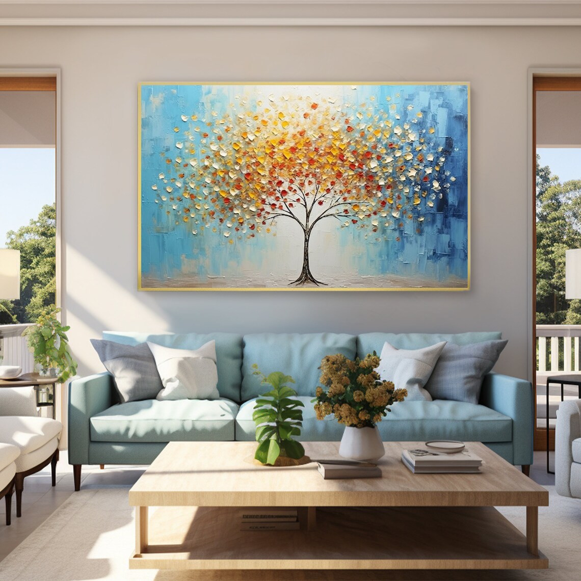 Tree of Life Golden Leaves Blue Sky Textured Canvas Art Poster - Image 2