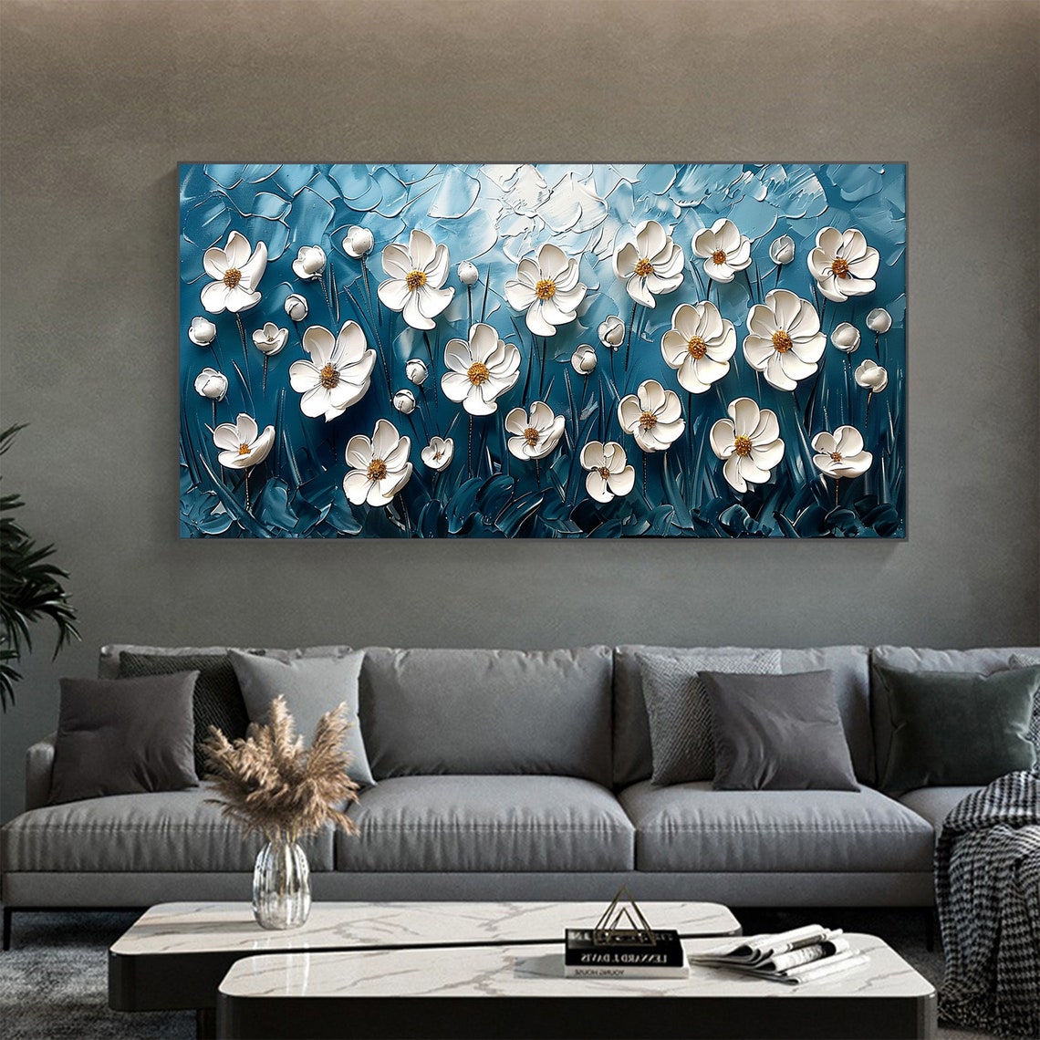 White Daisies on Bright Teal 3D Textured Floral Oil Painting Poster - Image 2