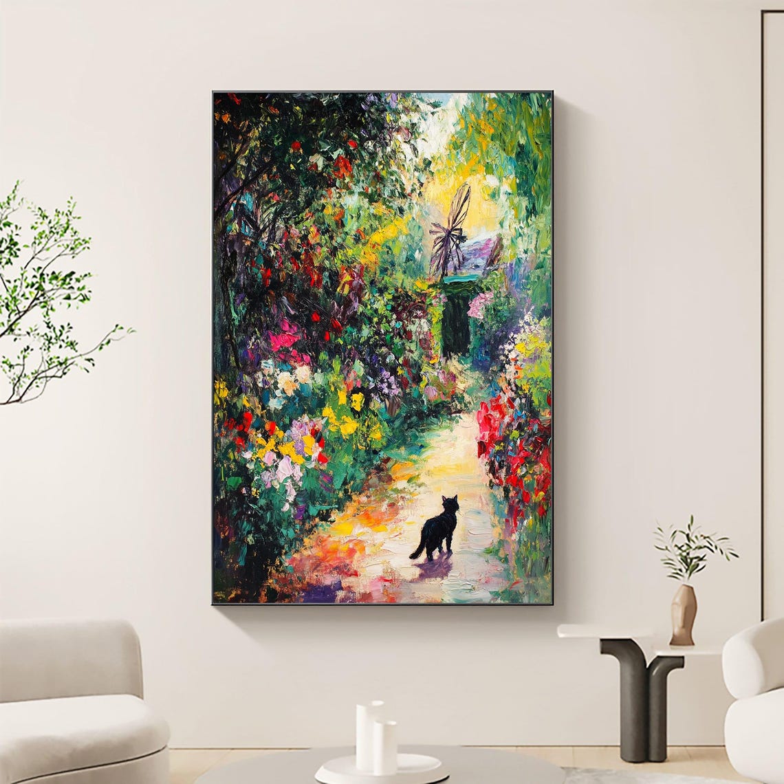 Black Cat on a Flower Garden Path Impressionist Oil Painting Poster - Image 2
